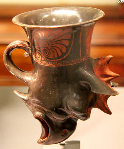 Greek ceramic rhyton as head of griffon (c400 BCE) at Kunsthistorisches Museum. Vienna, Austria.