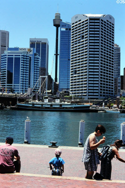 Sydney tower, boats & highrises across Darling Harbour. Sydney, Australia.