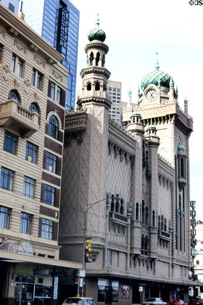 Indian-style stonework & domes adorn Forum Theatre in Melbourne. Melbourne, Australia.