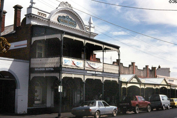 Ornate balcony of Maldon Hotel in Maldon. Maldon, Australia.