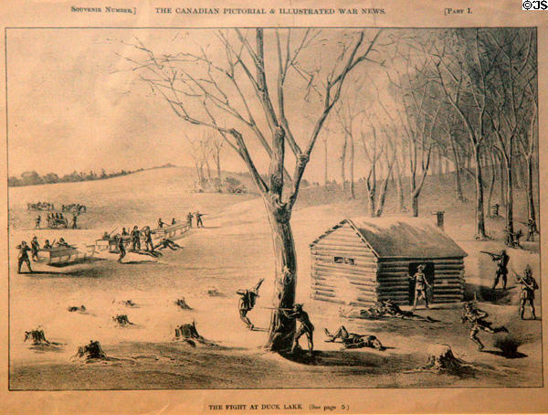 Graphics (c1885) of Fight at Duck Lake by Canadian Pictorial & Illustrated War News at RCMP Heritage Center. Regina, SK.