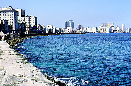 Beaches of Malecon looking towards Vedado, Havana. Cuba.