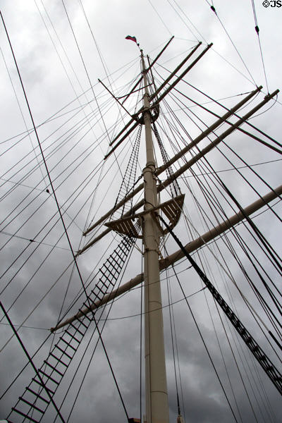 Masts of Rickmer Rickmers museum sailing ship as seen from deck. Hamburg, Germany.