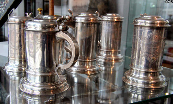 Regimental tankards with inscriptions from Lower Germany at Hamburg History Museum. Hamburg, Germany.