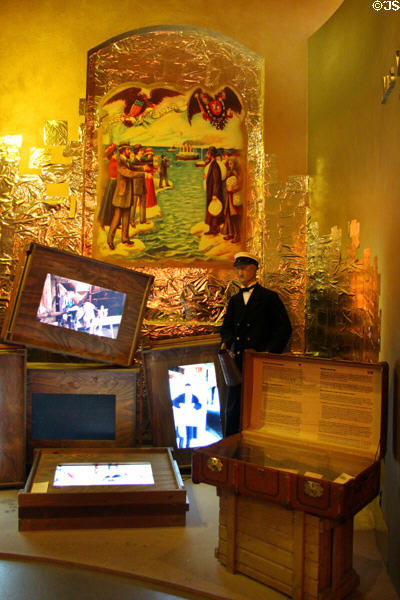 Illustration of Jewish immigrants being met by family at Emigration Museum BallinStadt. Hamburg, Germany.
