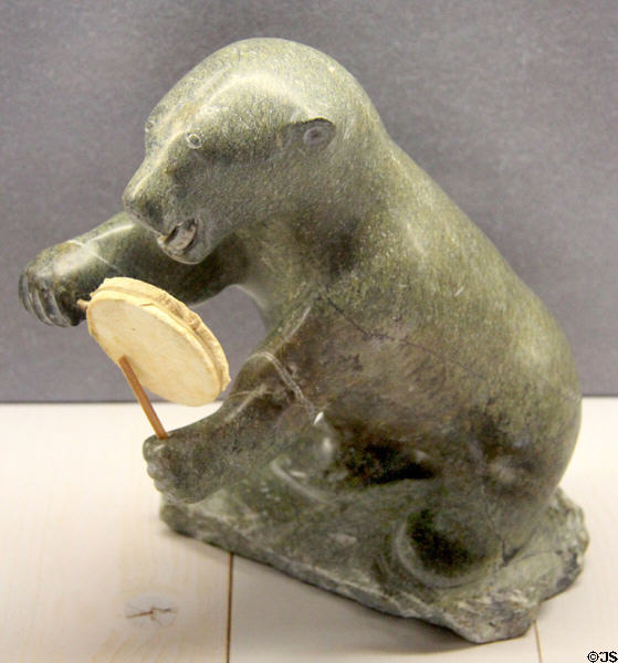 Carved soapstone shaman bear (1979) by Makituq culture from Pelly Bay, NWT, Canada at Five Continents Museum. Munich, Germany.