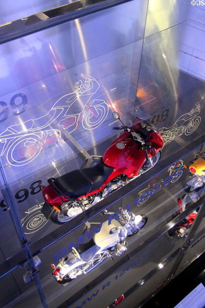 Wall of motorcycles display at BMW Museum. Munich, Germany.