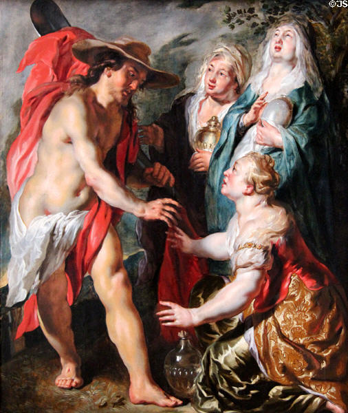 Christ as the gardener appears to three Marys painting (c1616) by Jacob Jordaens at Berlin Gemaldegalerie. Berlin, Germany.