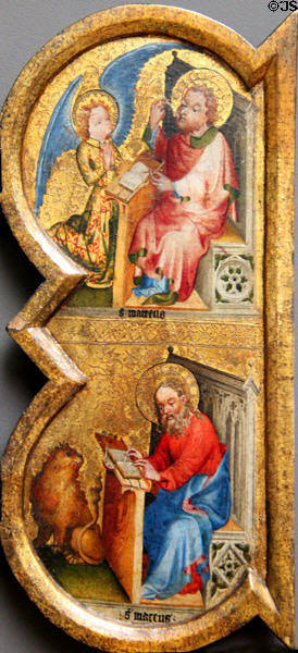 Detail of Trinity Triptych panel with Evangelists Matthew & Mark painting (c1390) from Netherlands at Berlin Gemaldegalerie. Berlin, Germany.