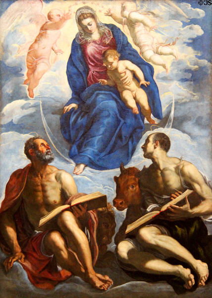 Maria & Child with Evangelists Mark & Luke painting (1570-5) by Tintoretto at Berlin Gemaldegalerie. Berlin, Germany.
