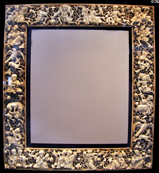 Ivory frame with hunting & feasting scenes (11th-12thC) from Egypt at Pergamon Museum. Berlin, Germany.