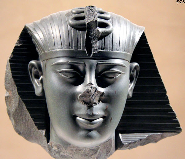 Egyptian stone head of king Amasis (c550 BCE) (Late Period, 26th Dynasty) from Saïs at Neues Museum. Berlin, Germany.