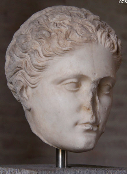 Portrait head of poet Sappho (c340 BCE) Roman copy of Greek original by Silanion of Athens at Glyptothek. Munich, Germany.