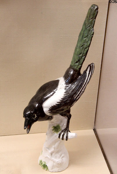 Meissen porcelain magpie figure (after 1731) by Johann Joachim Kaendler at Meissen porcelain museum at Lustheim Palace. Munich, Germany.