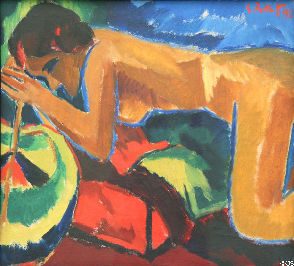 Sleeping woman painting (1912) by Karl Scmidt-Rottluff at Pinakothek der Moderne. Munich, Germany.