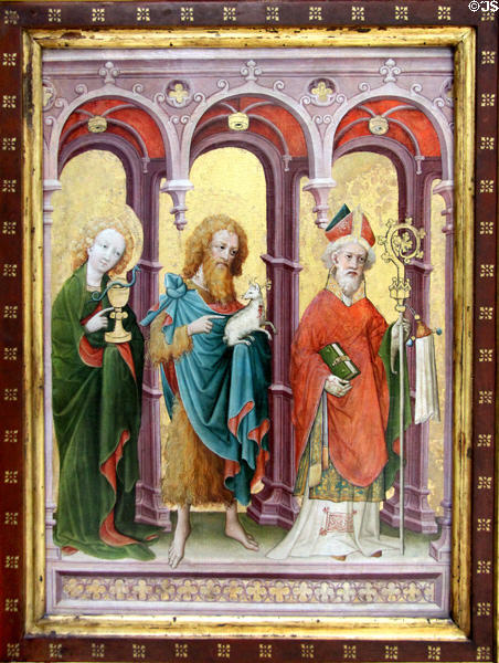 Saints John Evangelist, John the Baptist, & a bishop painting (c1430) (one of a pair) from Erfurt? at Germanisches Nationalmuseum. Nuremberg, Germany.