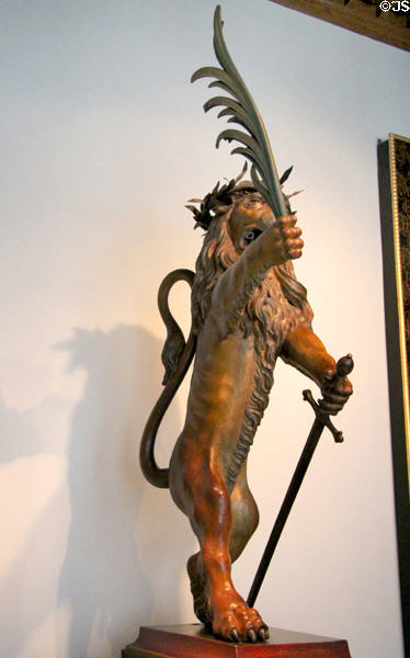 Swedish lion carving (1649) holding palm branch of peace at end of Thirty Years' War at Fembohaus City Museum. Nuremberg, Germany.