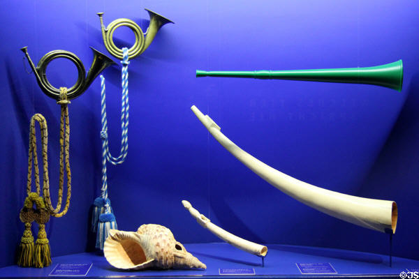 Horns used for communication at Museum of Communications (Museum für Kommunikation).in Nuremberg Transport Museum. Nuremberg, Germany.