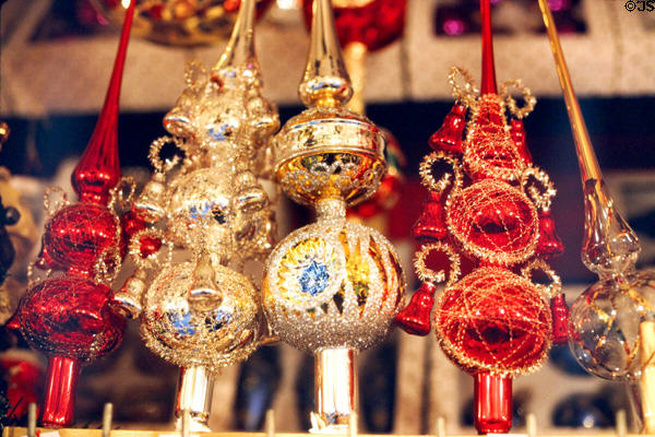 Christmas ornament blown glass tree tops at Christmas Market on City Hall square. Nuremberg, Germany.