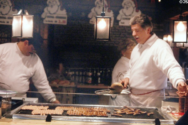 Booth with wurst at Christmas Market on City Hall square. Nuremberg, Germany.