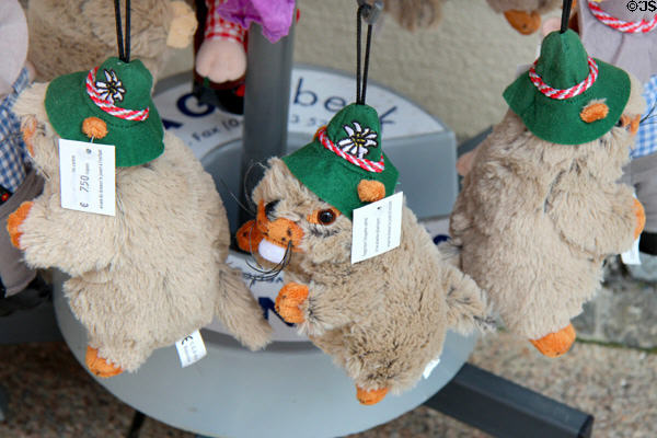 Stuffed animals in shop window in traditional Bavarian dress. Füssen, Germany.