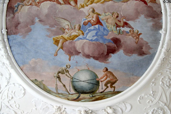 Ceiling fresco (c1700) of Mary begging for mercy for world enchained by death & devil by Johann Jakob Herkomer in St Anna's Chapel at Museum of City of Füssen in Kloster St Mang. Füssen, Germany.