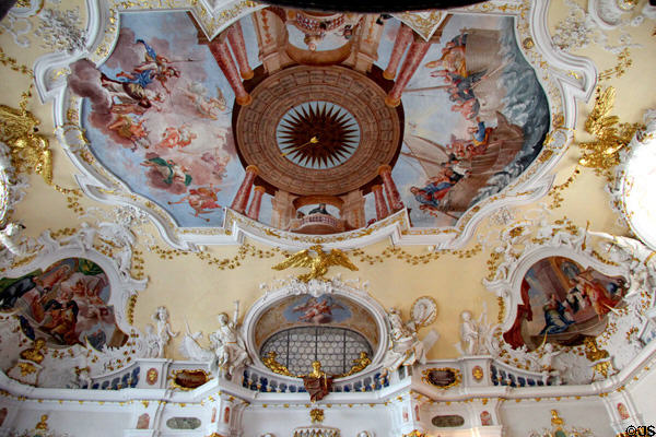 Ceiling & corner frescoes in Imperial Hall at Museum of City of Füssen in Kloster St Mang. Füssen, Germany.