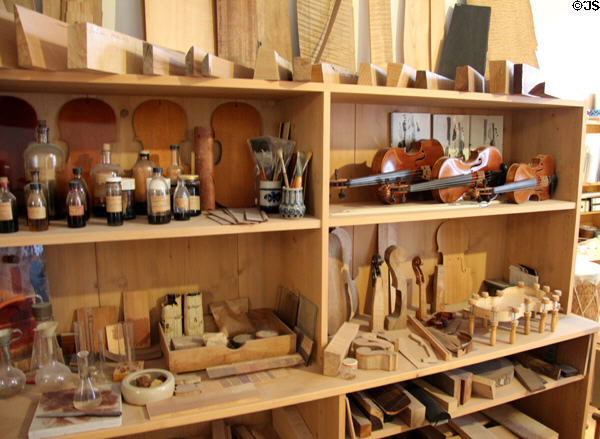 Display of items used for lute making in Museum of City of Füssen in Kloster St Mang. Füssen, Germany.