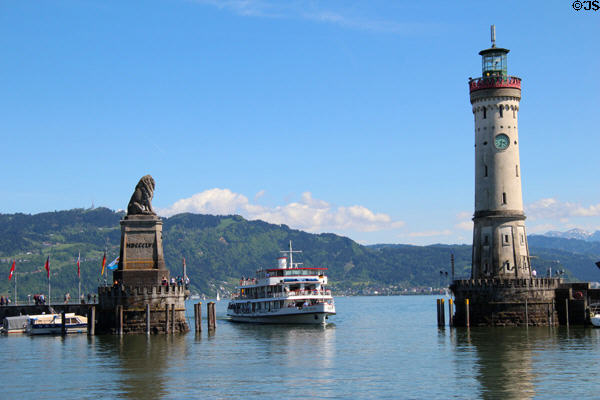 Lindau Im Bodensee (aka Lake Constance) port with lighthouse (1856) & monument to Lion of Bavaria (1856). Lindau im Bodensee, Germany.