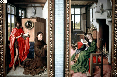 Devotional painting with St John Baptist, Maestro Francisco Enrique de Werl & St Barbara (1438) by Robert Campin in Prado Museum. Madrid, Spain.