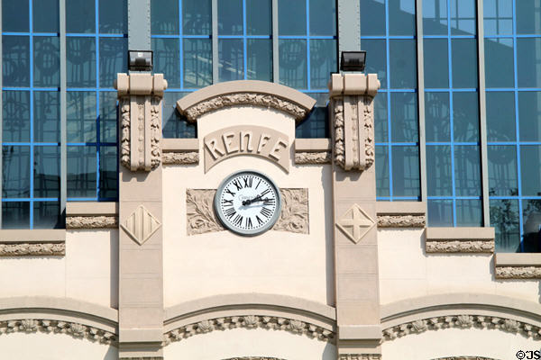 Clock & facade details of Barcelona North Station. Barcelona, Spain.