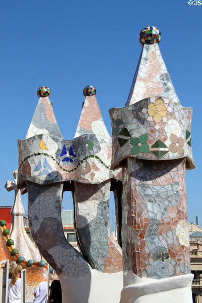 Tiled chimneys on roof of Casa Batlló. Barcelona, Spain.