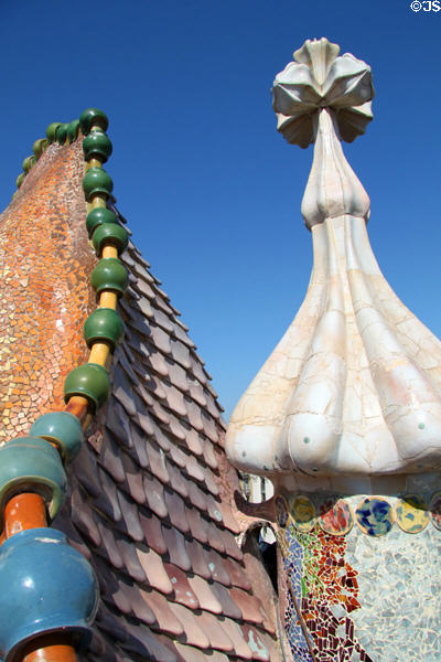 Gaudi's four-armed cross atop at Casa Batlló. Barcelona, Spain.