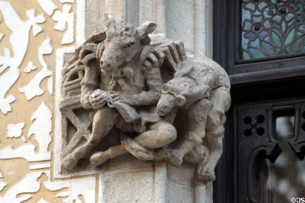 Carved donkeys with book on Casa Amatller. Barcelona, Spain.