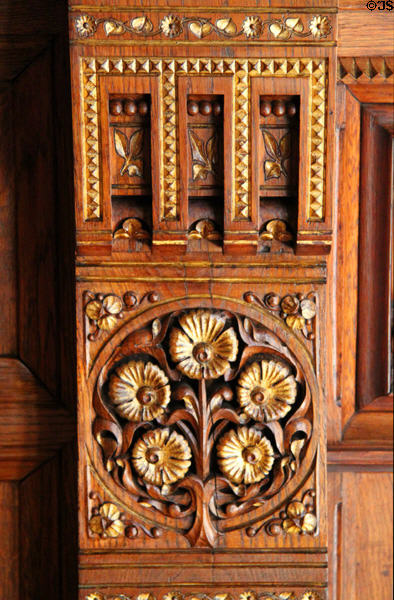 Doorway carving detail in reception hall at Palau Güell. Barcelona, Spain.
