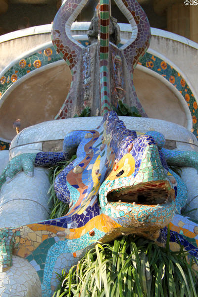 Lizard by Gaudí on steps leading up to Parc Güell. Barcelona, Spain.