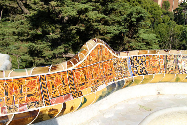 Gaudí's mosaic benches on the plaza in Parc Güell. Barcelona, Spain.