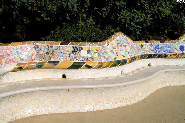 Gaudí's mosaic benches on the plaza in Parc Güell. Barcelona, Spain.