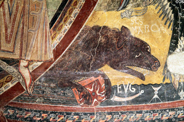 Fresco detail of lion of St Mark from church of Sant Pau d'Esterri de Cardós (12thC) at Museu Nacional d'Art de Catalunya. Barcelona, Spain.