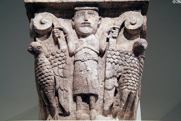 Carved stone column capital from church of Santa Maria de Besalú (12thC) at Museu Nacional d'Art de Catalunya. Barcelona, Spain.