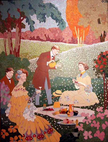 Modernista ceramic mural of countryside picnic (c1905-6) by Gaspar Homar at Museu Nacional d'Art de Catalunya. Barcelona, Spain.
