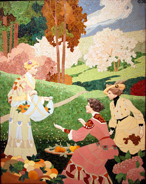 Modernista ceramic mural of three women with fruit (c1905-6) by Gaspar Homar at Museu Nacional d'Art de Catalunya. Barcelona, Spain.