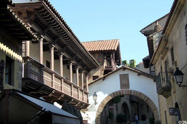 Casa Ramos from Castile & Leon & Arc of Maya from Navarre at Poble Espanyol (1929 replica). Barcelona, Spain.