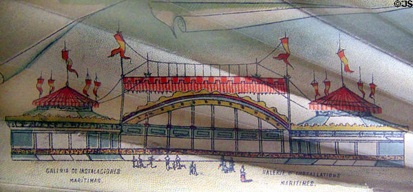 Drawing of Gallerie of Installations Maritimes 1888 Universal Exposition at Barcelona at Museum of Decorative Arts. Barcelona, Spain.