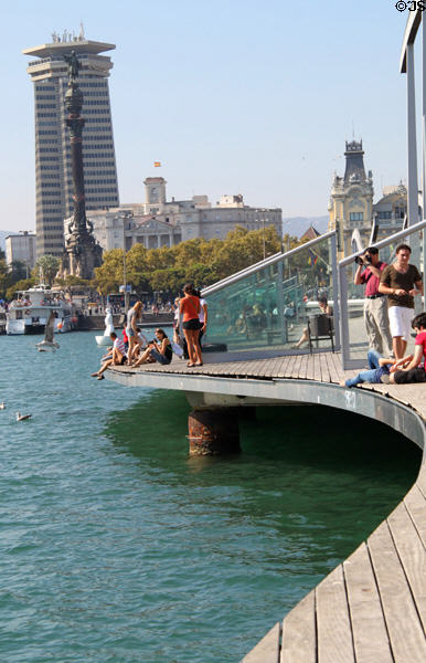 Curves of Rambla de Mar walkway against Rambla shoreline. Barcelona, Spain.