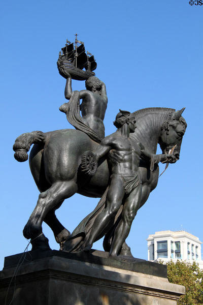 Barcelona sculpture group of horse with man holding wheel of industry & woman holding sailing ship (1928) by Federico Mares Deulovol in Plaza Catalunya. Barcelona, Spain.