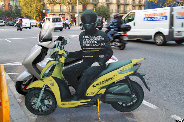 Barcelona motor scooter safety display. Barcelona, Spain.