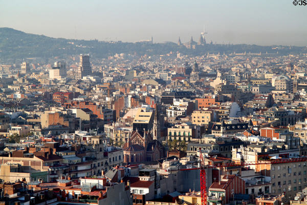 Skyline of Barcelona with Montjuïc seen from tower of Sagrada Familia. Barcelona, Spain.