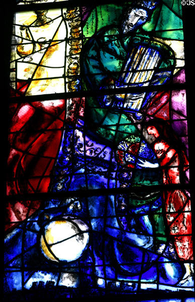 Detail of King David playing harp from stained-glass (rbp2) by Marc Chagall in Cathedral. Metz, France.