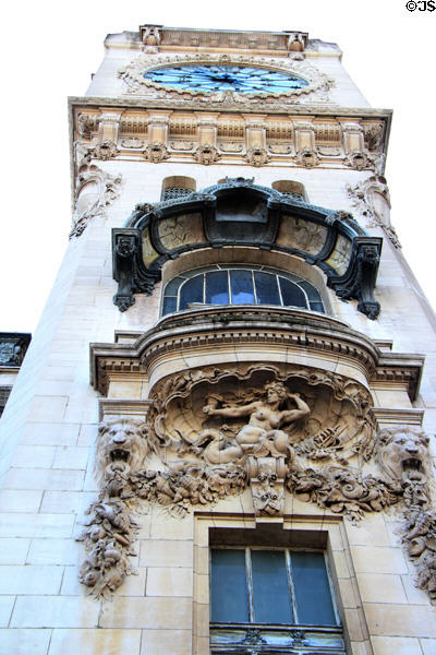 Carving on clock tower facade of Gare de Lyon. Paris, France.